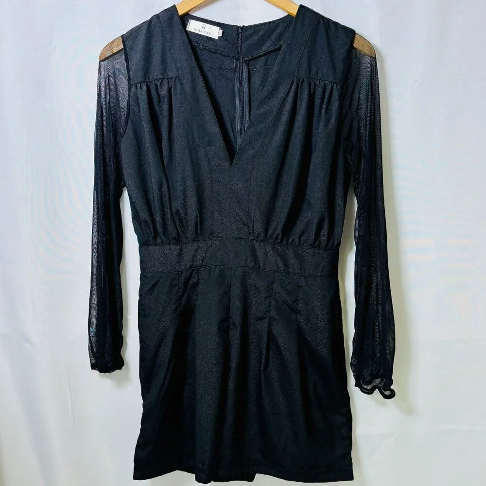 Baluoke Black Romper Medium‎ | V-Neck Sheer Long Sleeve Zip Back Playsuit
